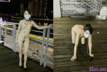 最新流出-最近火爆全網露出狂淫妻『悠悠姐』最新定製-夜色下市區溜母狗 全裸江邊牽繩小狗式跪爬