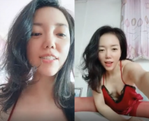 長捲髮輕熟女紅色睡衣性感紅色絲襪豐滿翹臀，撅起屁股特寫私處，水很多騷的很扣穴